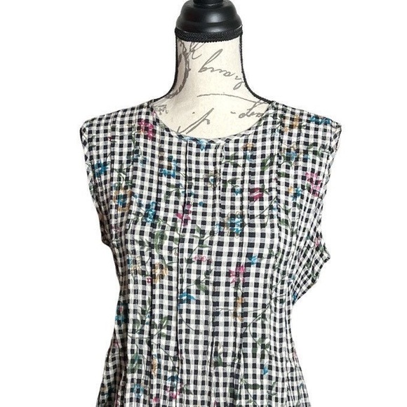 Vintage 80s Black White Check Floral Print Sleeveless Dress - Picture 5 of 6